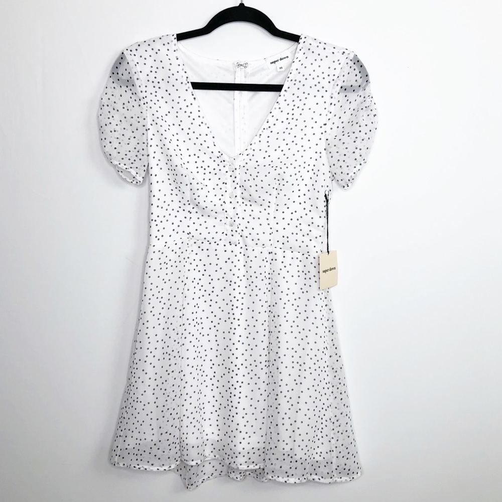 SUPER down white polkadot mini dress